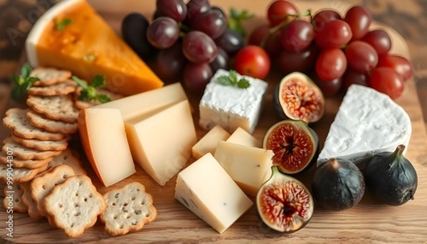 Obraz A high-end cheese board with various cheeses, grapes, generative ai