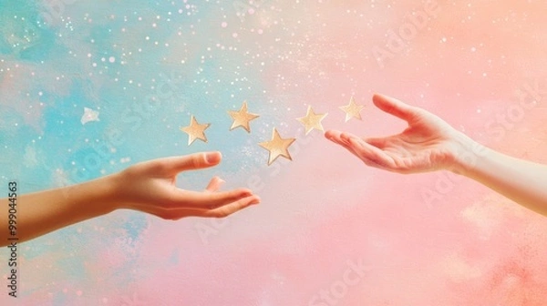 Fototapeta Two hands reaching out to each other with five gold stars floating between them on a pink, blue, and white background.