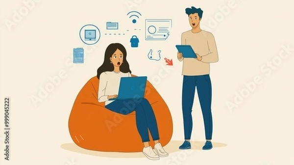 Obraz A shocked woman works on a laptop while a man points to a tablet and looks surprised.