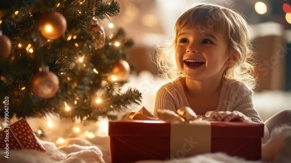 Obraz Christmas joy child with gift by tree