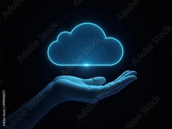 Obraz hand holding glowing cloud hologram on black background