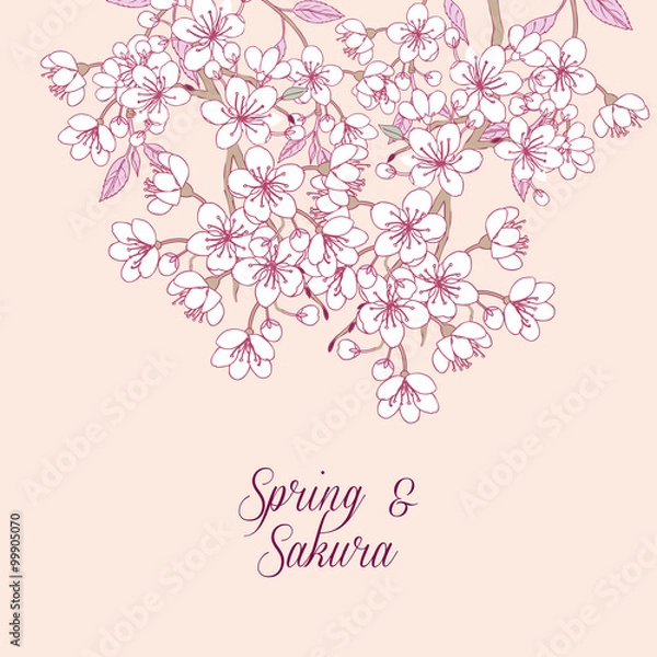 Fototapeta Background with sakura. Hand drawn spring blossom trees. Vector illustration with cherry blossoms.