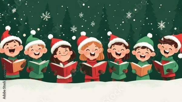 Obraz A group of children singing carols in a winter forest