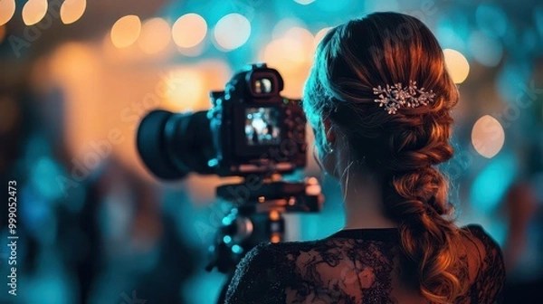 Fototapeta Event photography with a photographer capturing moments at a wedding or corporate event, elegant atmosphere, sharp focus