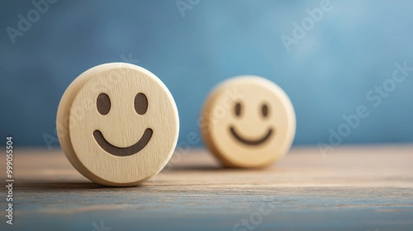 Fototapeta Wooden smiley face on rustic wooden table with blue background, symbolizing happiness, positivity, and joyful emotions in a minimalist natural concept design  