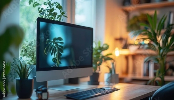 Fototapeta Workspace setup with ergonomic furniture and tech gadgets, clean and organized style, sharp focus, bright lighting