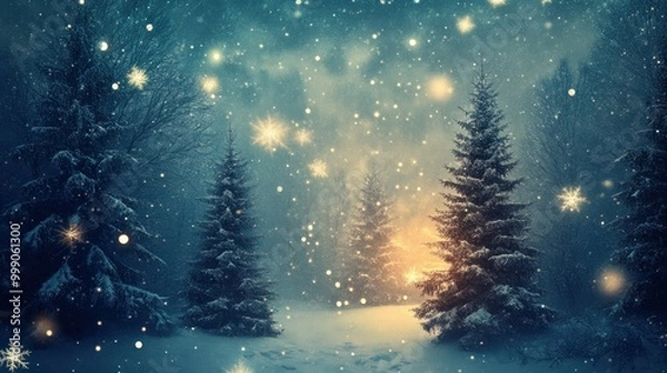 Obraz Snow-Covered Pine Trees in a Winter Forest with Falling Snow and Sparkling Lights