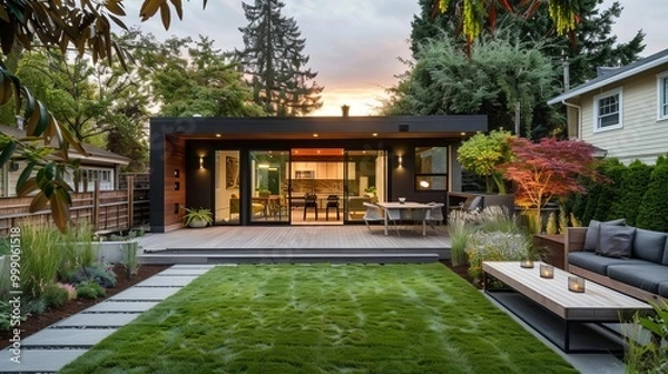 Obraz Backyard accessory dwelling unit, minimal cozy modern landscaping, surrounding area, stylish and inviting, clean design