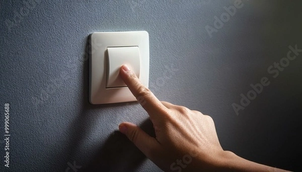 Fototapeta hand with switch on the wall, a person reaches out to press the room light switch