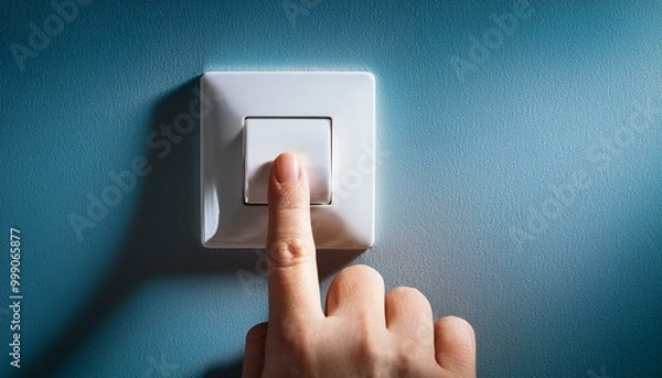 Fototapeta hand pushing a button on the wall, a person reaches out to press the room light switch