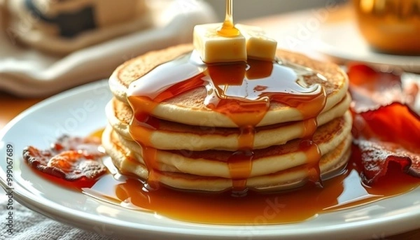 Obraz A warm, fluffy stack of pancakes drizzled with rich, golden maple syrup, generative ai