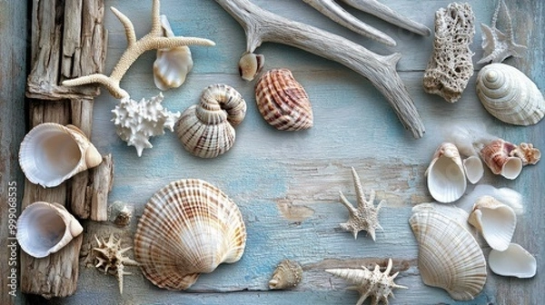 Fototapeta Create a collage that incorporates natural beach elements, such as seashells, driftwood, and grains of sand, to evoke the spirit of the ocean