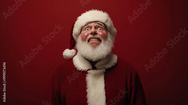 Fototapeta Santa Claus with tears in his eyes, a tender smile on his face, conveying heartfelt emotion as he stands against an isolated red background. His classic red suit contrasts with the deep red backdrop.