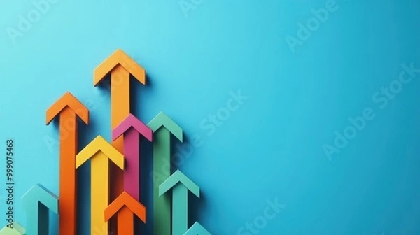 Fototapeta Colorful arrows pointing upwards against a blue background, symbolizing growth, success, and progress.