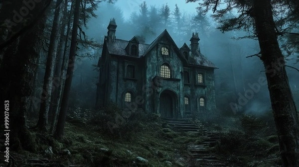 Obraz Design a chilling haunted house nestled in a desolate forest, its windows shrouded in darkness and eerie whispers echoing through the air, evoking the spine-tingling atmosphere of anime horror.