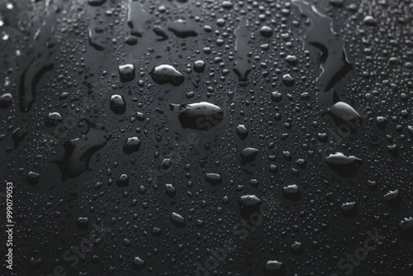 Fototapeta Close-up of water droplets on a smooth, dark surface, showcasing texture and contrast.