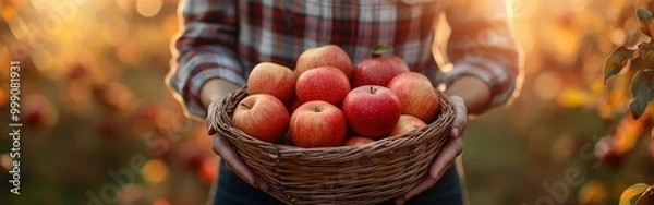 Fototapeta Woman with a Basket of Freshly Picked Apples in an Autumn Orchard