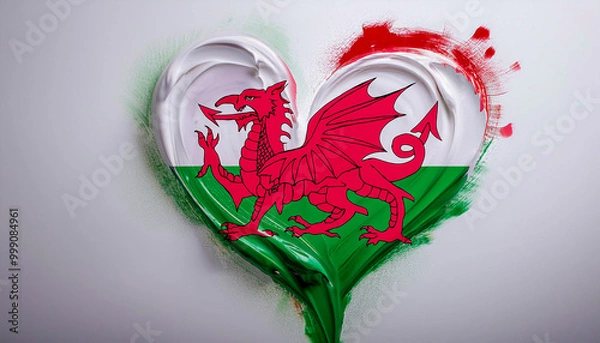 Fototapeta Paint stain in the shape of a heart in the colours of the Welsh flag