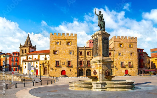 Fototapeta Summer view of the old square Plazuela del Marques. Gijon, Spain