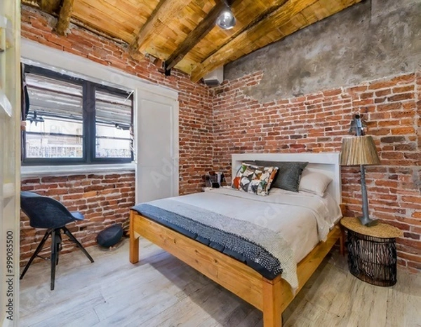 Fototapeta Functional small bedroom layout with a loft bed and under-bed storage for maximizing space