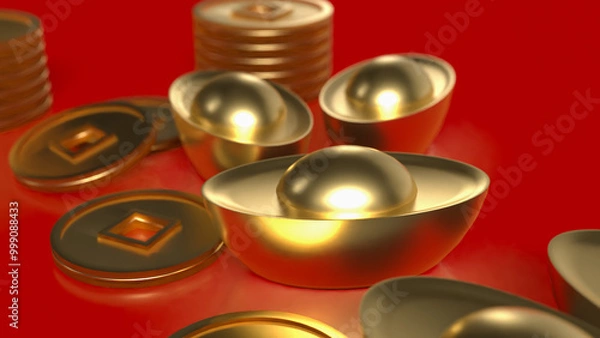 Fototapeta Chinese gold and coins on red Background 3d rendering.