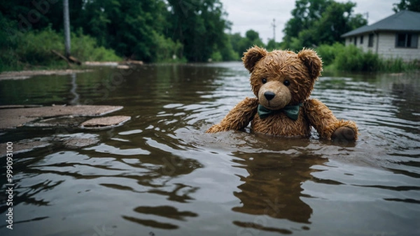 Fototapeta A brown teddy bear  floats in floodwater, it was lost during a natural disaster. Flooded roads and houses in the background.