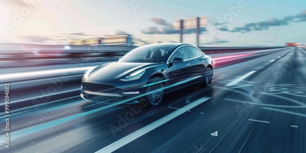 Fototapeta  a modern electric car on a highway, with digital speed and efficiency indicators