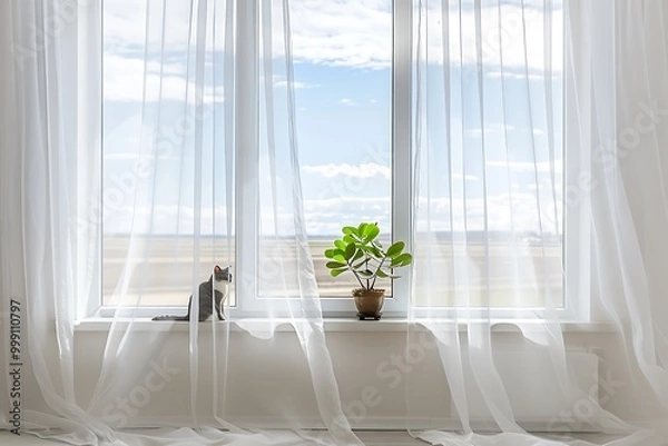Fototapeta White window with sheer curtains, cat on sill, indoor plant in pot, sky and landscape view, bright modern living room.