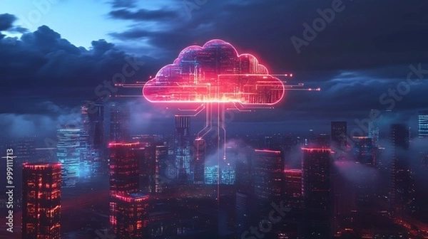 Fototapeta Futuristic Cloud Above City Skyline with Glowing Data Streams Representing Integrated Cloud Computing