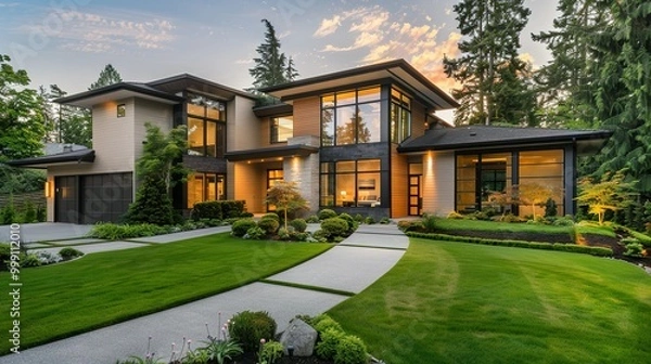 Obraz Modern House with a Stone Path and Lush Greenery