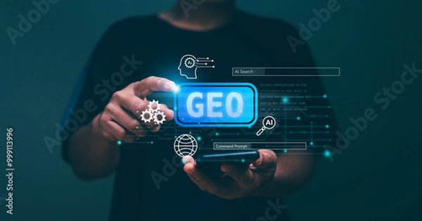 Obraz Generative Engine Optimization (GEO) concept. Businessman use generative engine optimization on smartphone for view search results from internet network. Ai smart search.