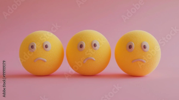 Fototapeta emotional, mood, apathy concept: three yellow balls with uninterested, blank faces arranged in a disjointed, slightly uneven pattern against an isolated soft pink background