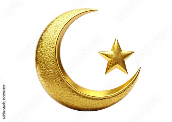 Fototapeta A golden crescent moon with a five-pointed star is isolated on a white background