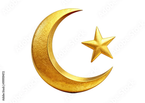 Fototapeta A gold crescent moon with a gold star positioned to its right against a white background