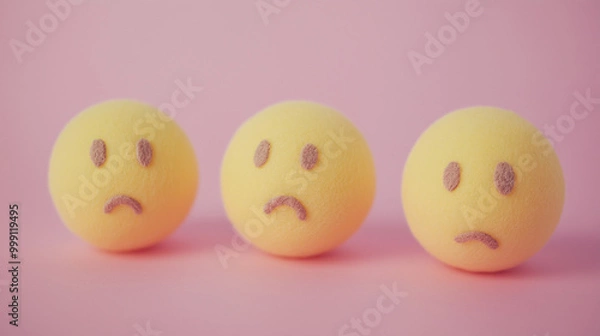 Fototapeta emotional, mood, confusion concept: three yellow balls with puzzled faces arranged in a slightly scattered, disoriented pattern against an isolated baby pink background