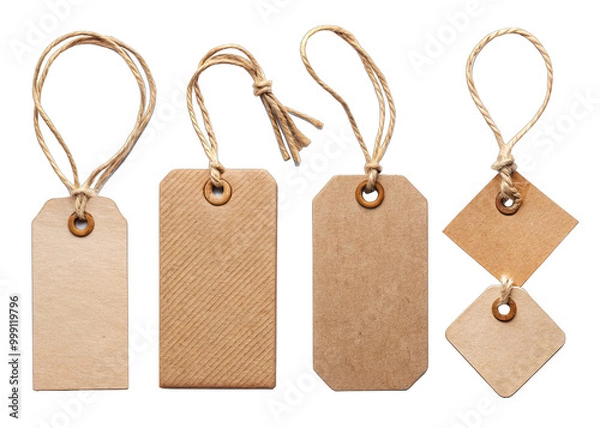 Fototapeta A set of blank brown paper gift tags with twine string. Each tag has a hole for attaching to a gift