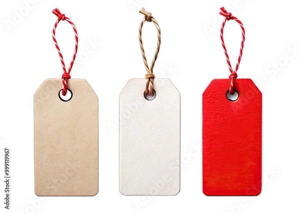 Fototapeta Three blank gift tags with twine or string hanging from them on a white background