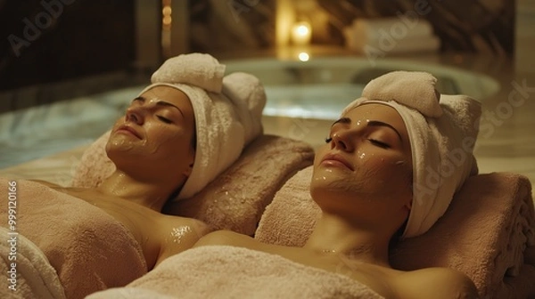 Obraz Patients enjoy relaxing therapeutic mud baths in a serene spa retreat in the afternoon light