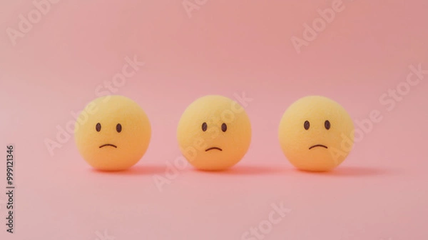 Fototapeta emotional, mood, nihilism concept: three yellow balls with blank, expressionless faces arranged in a flat, evenly spaced pattern against an isolated soft pink background