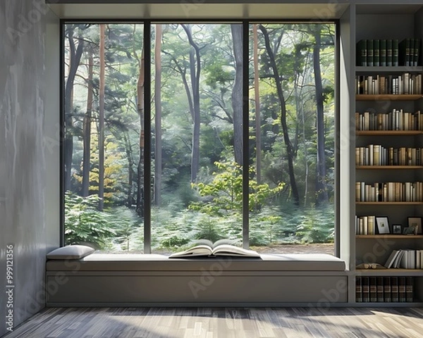 Fototapeta Window seat for reading, modern window with bookshelves, forest view, grey wall, minimalist house, daylight.