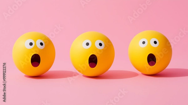 Fototapeta emotional, mood, surprise concept: three yellow balls with surprised faces arranged in a scattered, dynamic pattern against an isolated soft apricotsoft pink background