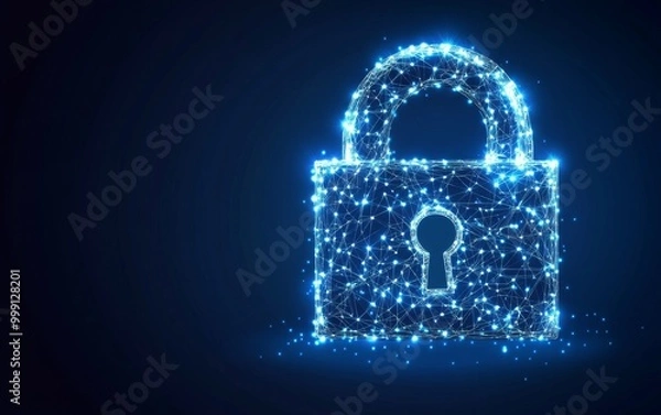 Fototapeta Cybersecurity concept symbol made of glowing dots on a blue background, featuring a polygonal line grid in an abstract digital network design. Ideal for online protection and data safety themes.