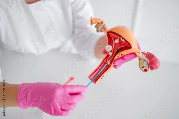 Obraz A female doctor shows medical students the process of taking smears with a cytological brush on an anatomical model of the uterus