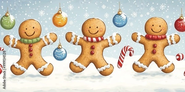Fototapeta A cheerful and whimsical holiday illustration featuring a smiling gingerbread man surrounded by Christmas ornaments, candy canes, and snowflakes.