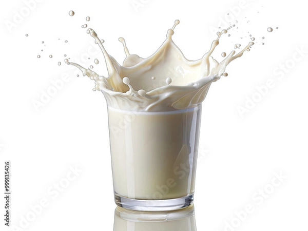 Fototapeta A glass of milk with a dramatic splash of liquid against a white background. The milk is spilling out of the glass, creating a crown-like shape