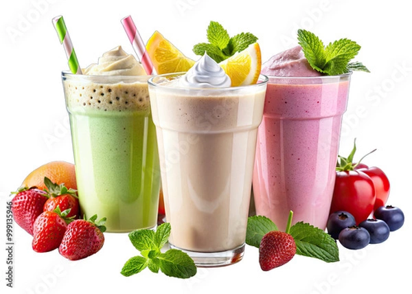 Fototapeta Three colorful milkshake smoothies with whipped cream and fresh fruit on a white background. Smoothies are green, beige, and pink with strawberries, blueberries, mango, orange, and tomatoes