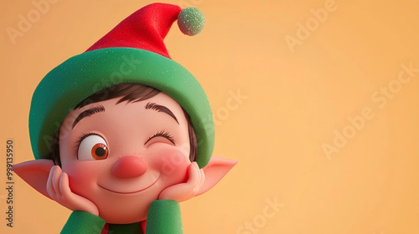 Fototapeta Cartoon elf with a green hat and a red nose is smiling