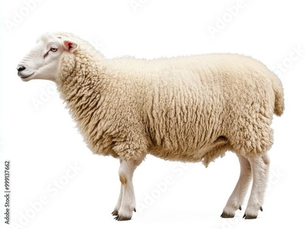Obraz fluffy white sheep standing in profile detailed wool texture isolated on pure white background
