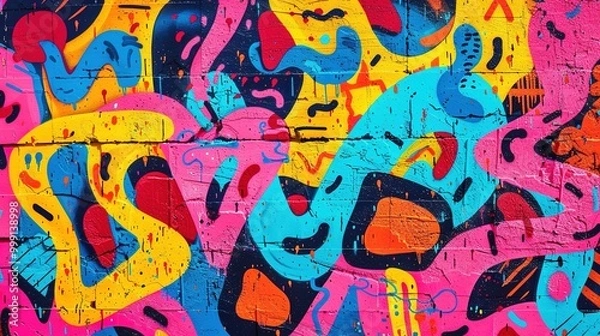 Fototapeta Abstract Graffiti Artwork with Vibrant Colors and Bold Shapes on a Brick Wall