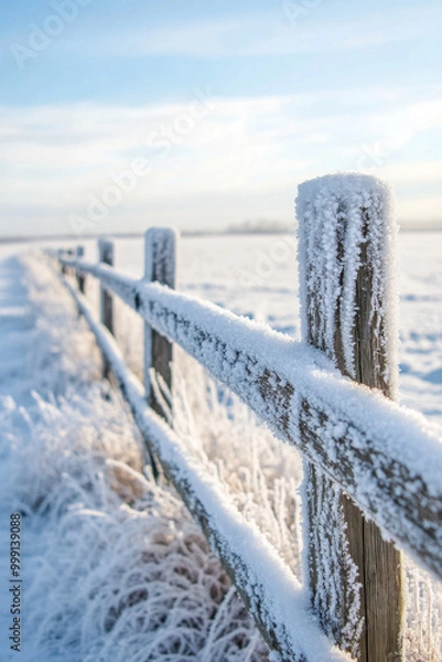 Fototapeta A wooden fence covered in snow stands in a serene winter landscape, with frost-covered grass and a blue sky in the background.